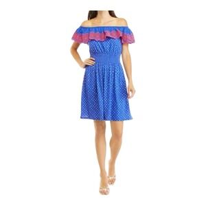 NWOT Lilly Pulitzer Kalama Off Shoulder Ruffle Smocked Dress Size L Blue Squared